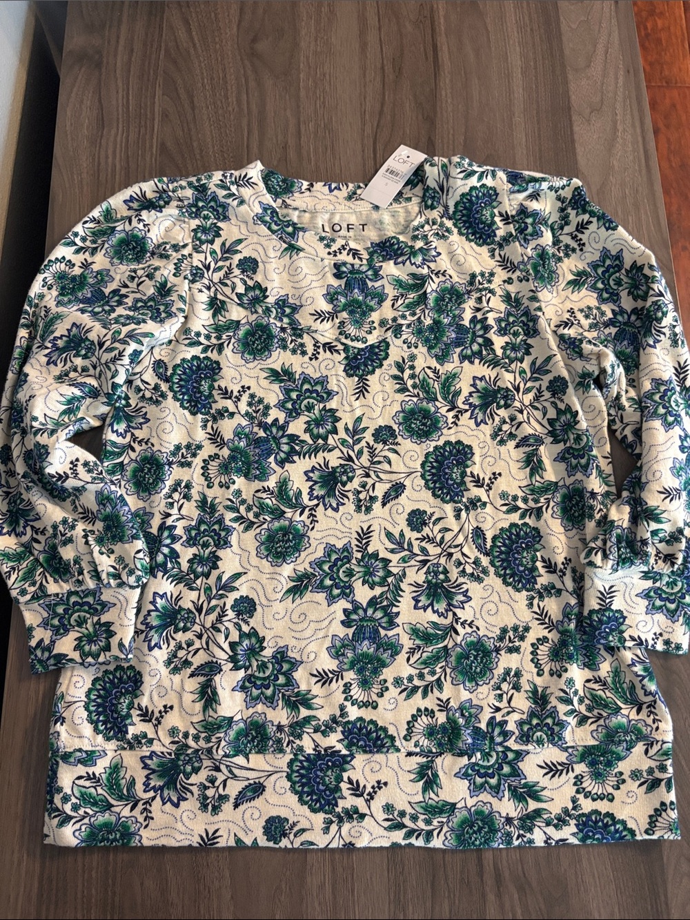 LOFT White Floral Pullover Sweatshirt with Blue & Green Print